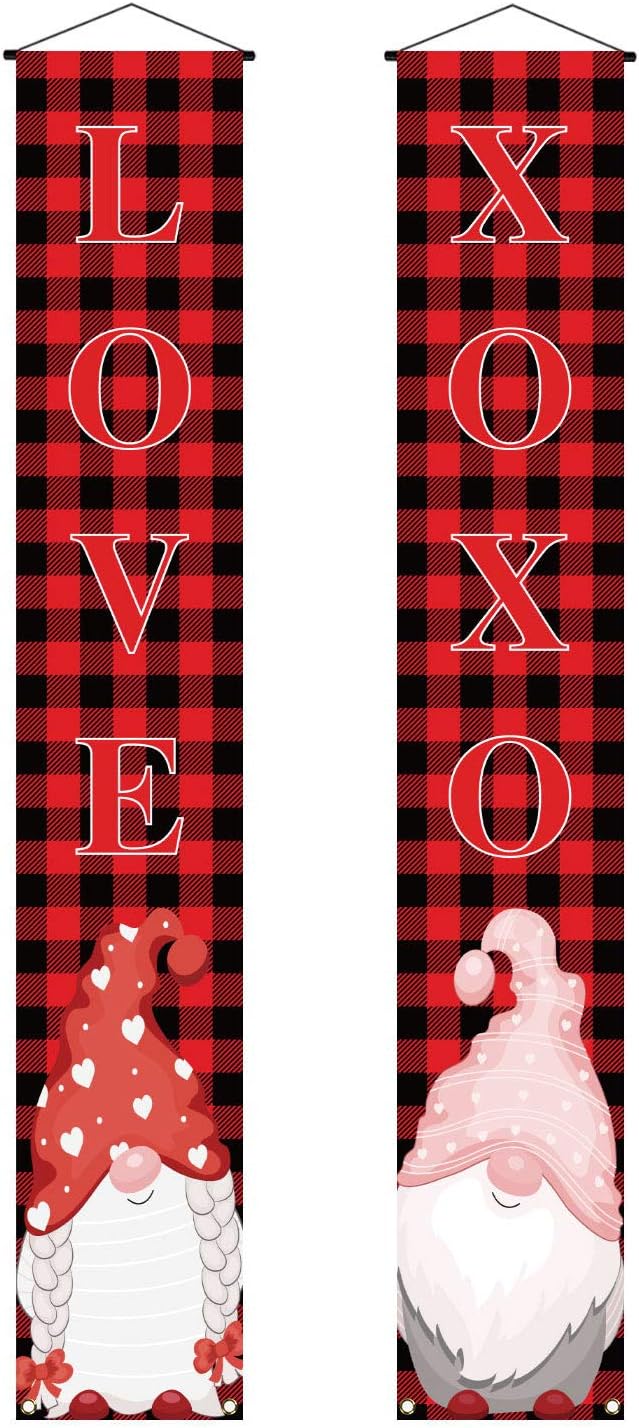 Valentines Day Decoration Banner Swedish Gnome Porch Sign Black and Red Buffalo Check Plaid Valentine Decor Outdoor Front Porch Door Yard Welcome Sign