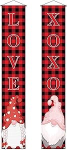 Valentines Day Decoration Banner Swedish Gnome Porch Sign Black and Red Buffalo Check Plaid Valentine Decor Outdoor Front Porch Door Yard Welcome Sign