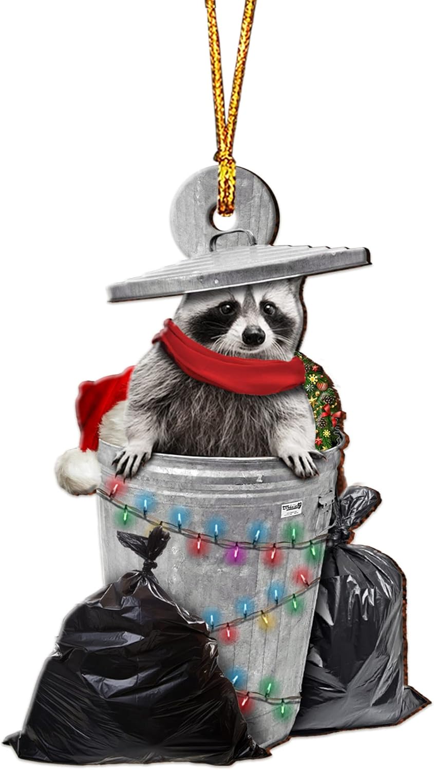 Ornaments - N NAMESISS Raccoon Ornament, Funny Raccoon in Bin Wooden Ornament 3.5 inches Christmas Tree Hanging Ornament, Ideas Gift for Friend, Family, 2D Flat Design, Gift for Christmas