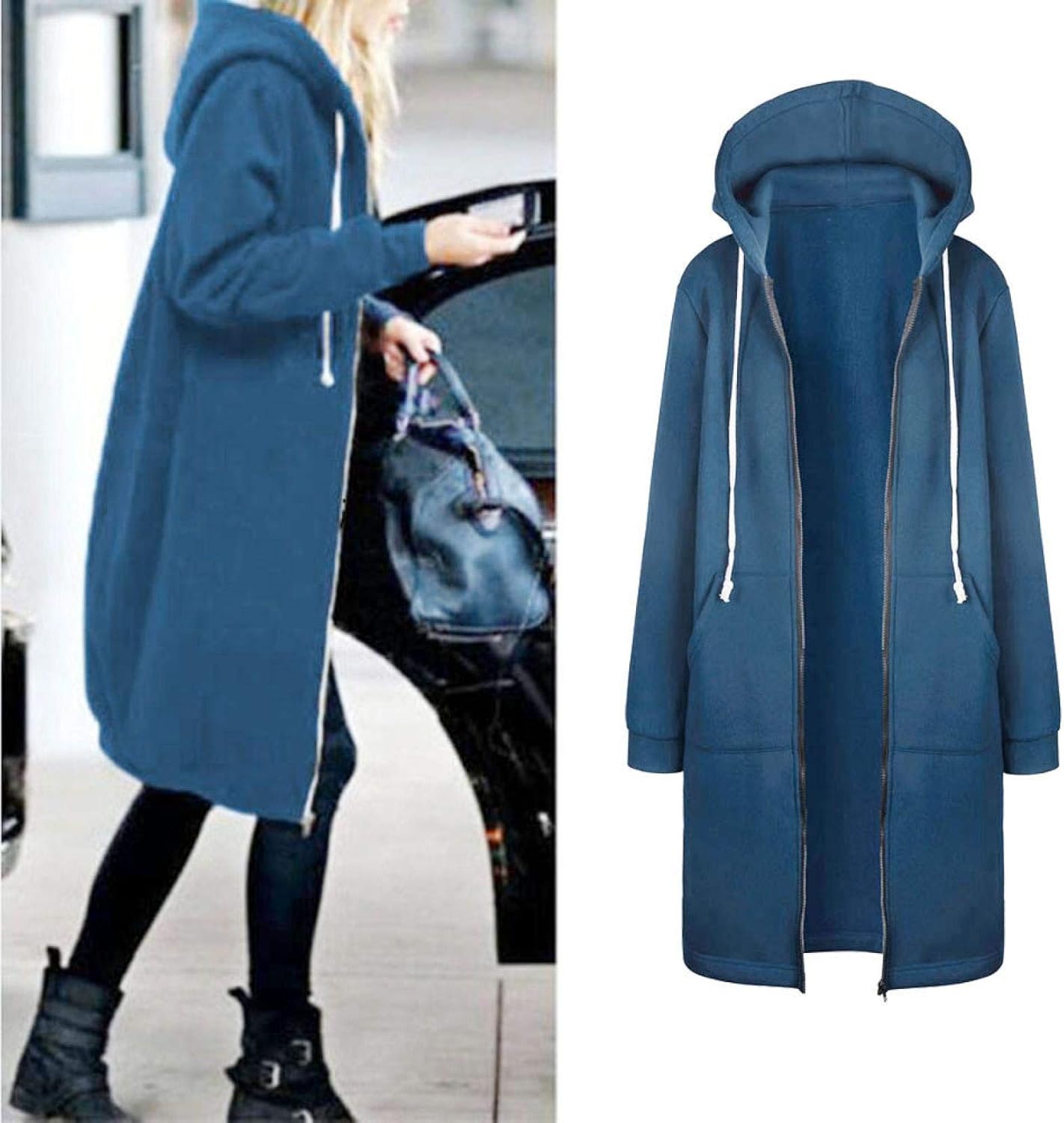 Amaeen Coats for Womens Fashion Hooded Thicken Cotton Solid Color Plush Pocket Overcoat Loose Autumn and Winter Tops: Clothing