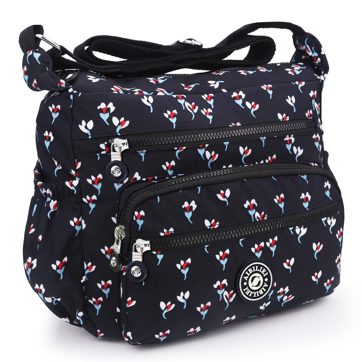AIBILIEI Women Larger Bag Nylon Crossbody Bag Messenger Shoulder Handbag for Shopping Work Daily Use (Black navy (floral))