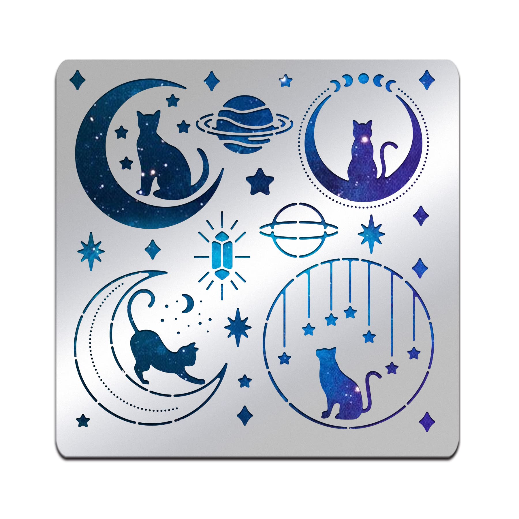 BENECREAT Fantasy Theme Stainless Steel Stencil, 15.6x15.6cm Moon Cat Star Metal Notebook Stencil Templates for Wood Burning and Engraving Crafting, DIY Scrapbooking Photo Album