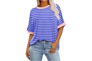 LIKEOULI Womens Sweatshirt Casual Striped Color Block Short Sleeve Crewneck Shirt Summer Y2k Tops Oversized Tshirts for Women