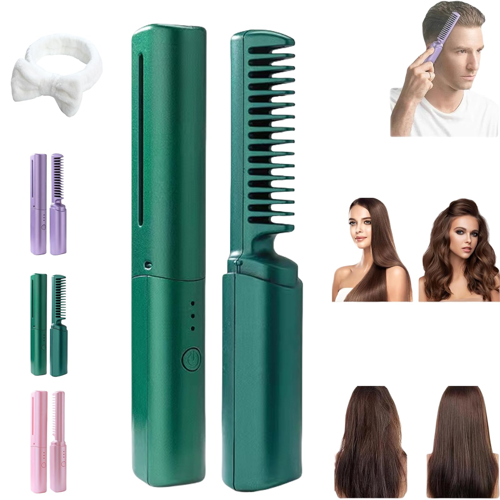 Beachersett 2024 Latest Hairdressing Comb, Proximityk Hairdressing Comb Heated, Rechargeable Mini Hair Straightener Comb, 3 Temperature Adjustments Travel Flat Iron (Green)