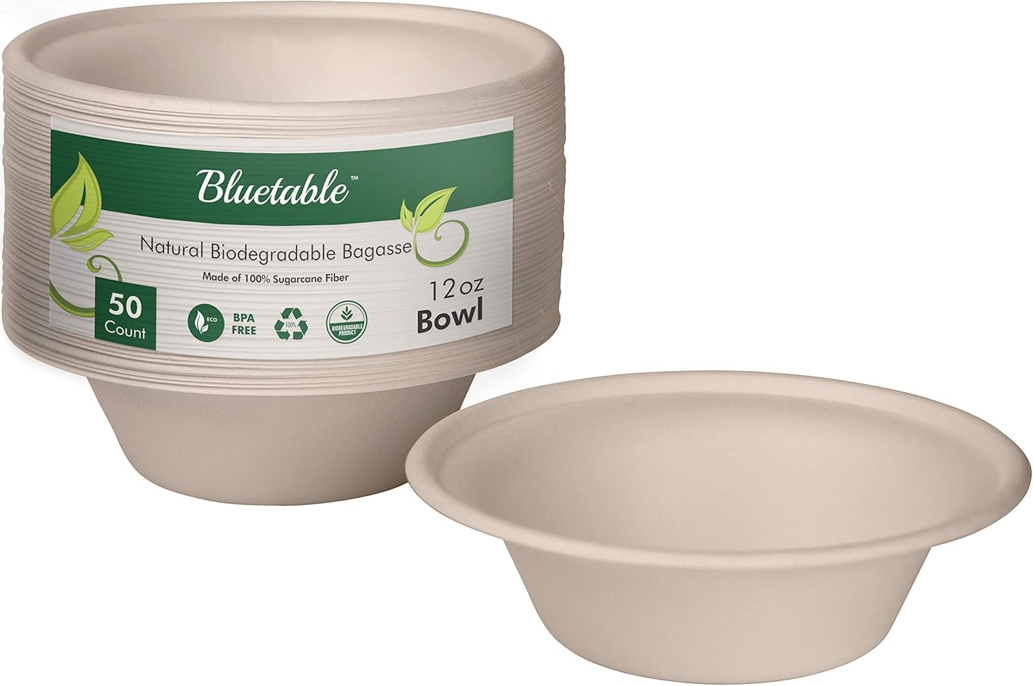 Paper Bowls Disposable 12 oz Bulk - Good For Hot Soup Chili - Compostable Biodegradable Bowl – Made from 100% Sugarcane, Eco Friendly Bagasse Bowls Natural [50 Pack]