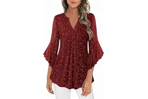 Women's Sparkly Holiday Dressy Tops 3/4 Sleeve V Neck Shirt Tunic Elegant Flowy Blouses Business Party Outfits Clothes