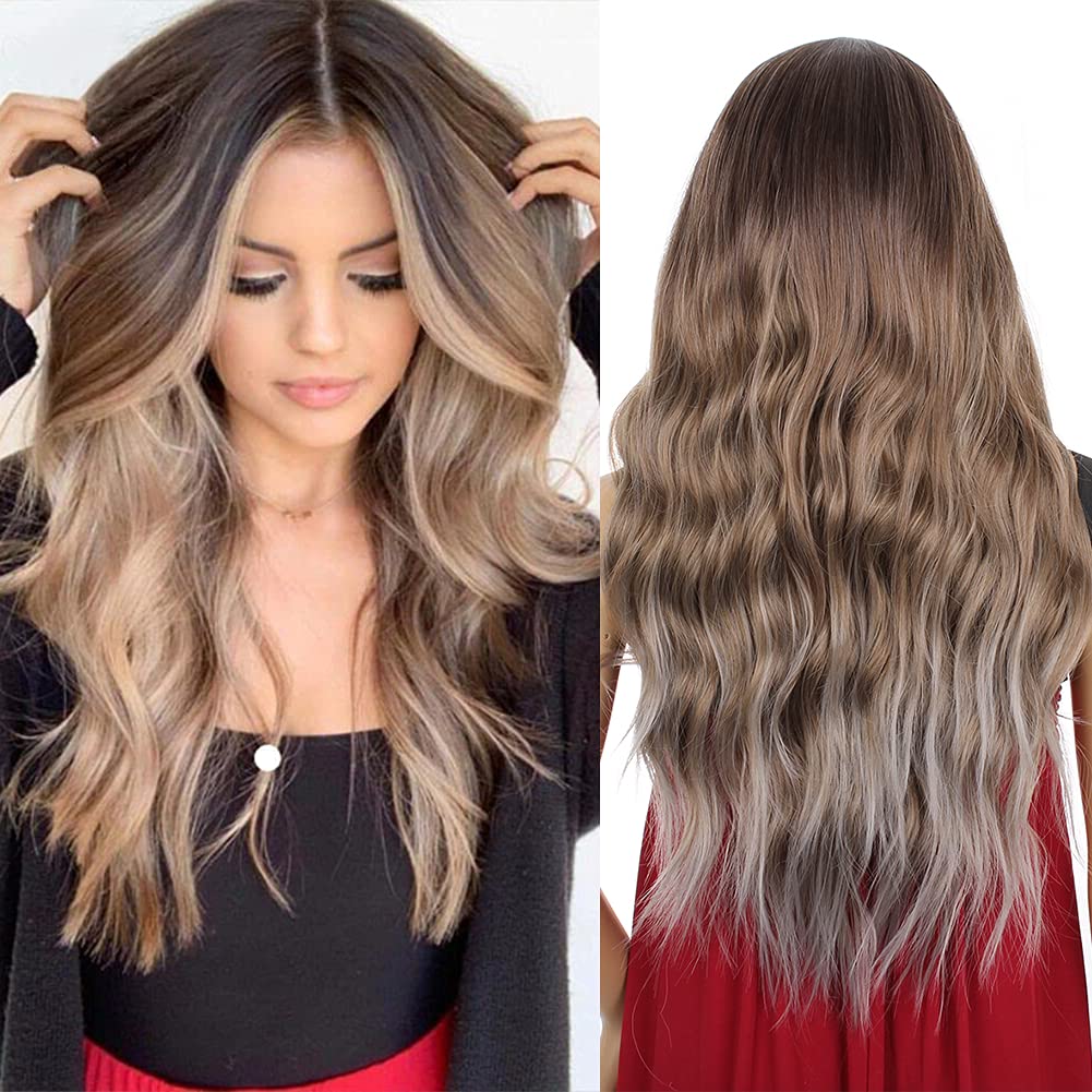Xtrend 24 Inch Long Ombre Brown Grey Curly Wavy Wigs for Women Ombre Natural Wavy Hair Wig Fashion Heat Resistant Synthetic Natural Looking for Daily Use