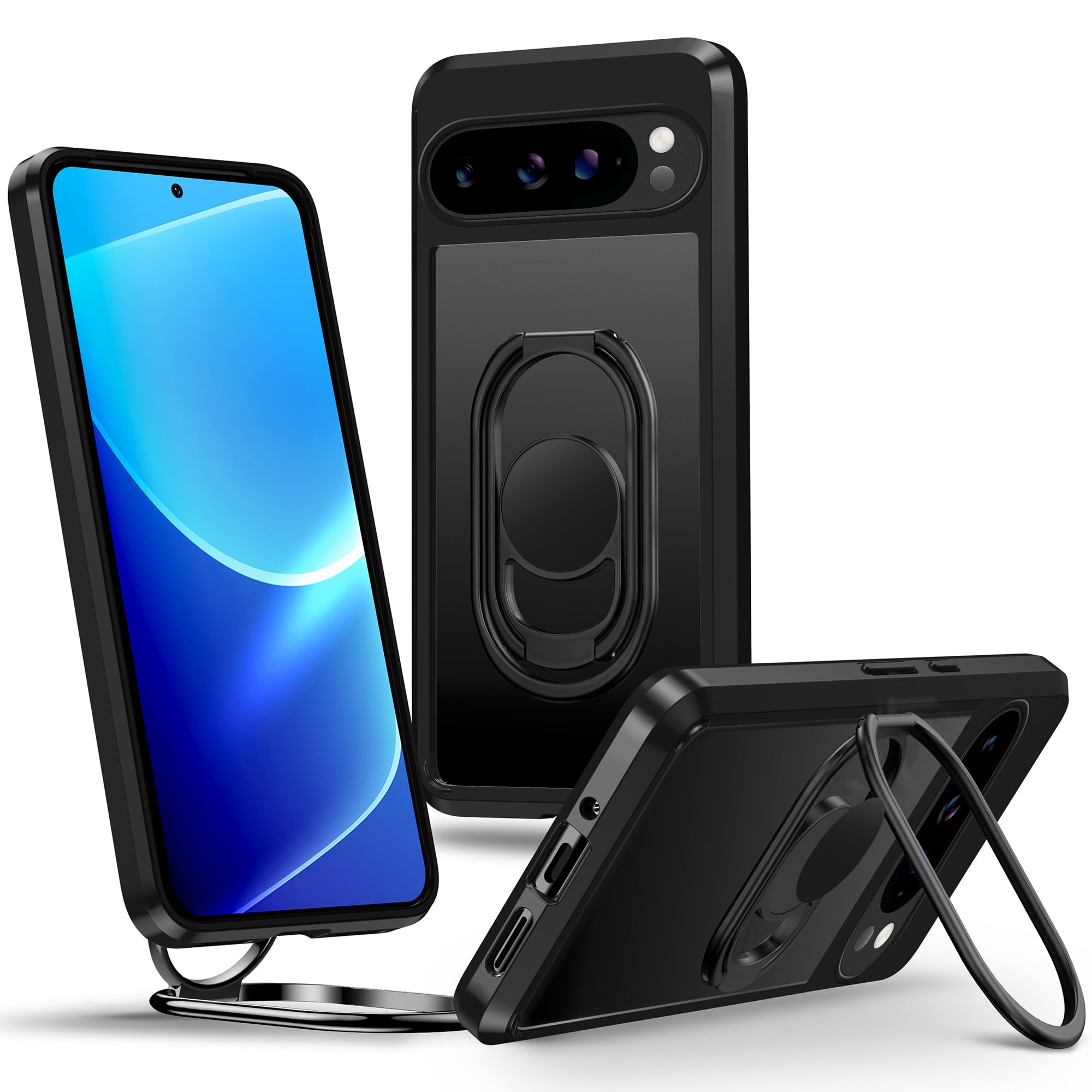SHIELDS UP for Google Pixel 9 Pro XL Case with Stand, Matte Back Phone Case with Double Ring Holder Kickstand【Adjustable & Foldable】 Shockproof Translucent Protective Cover - Frosted Black