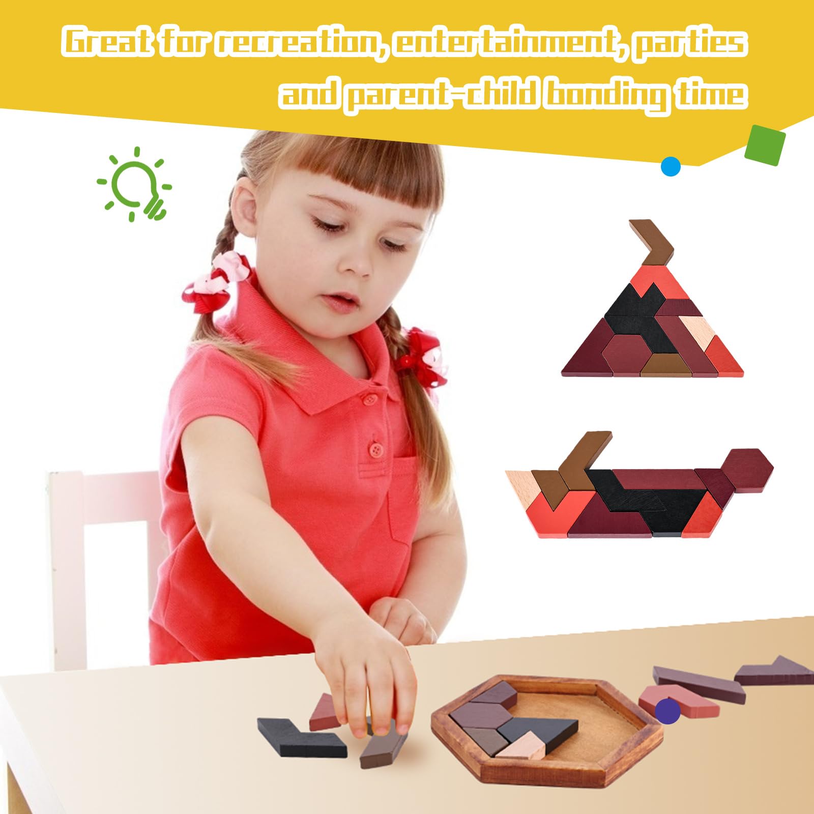 3 otters Hexagon Tangram Puzzle, Wooden Brain Puzzles Challenging Wooden Brain Teasers Puzzle Games Brain Games for Kids Family Party Gift