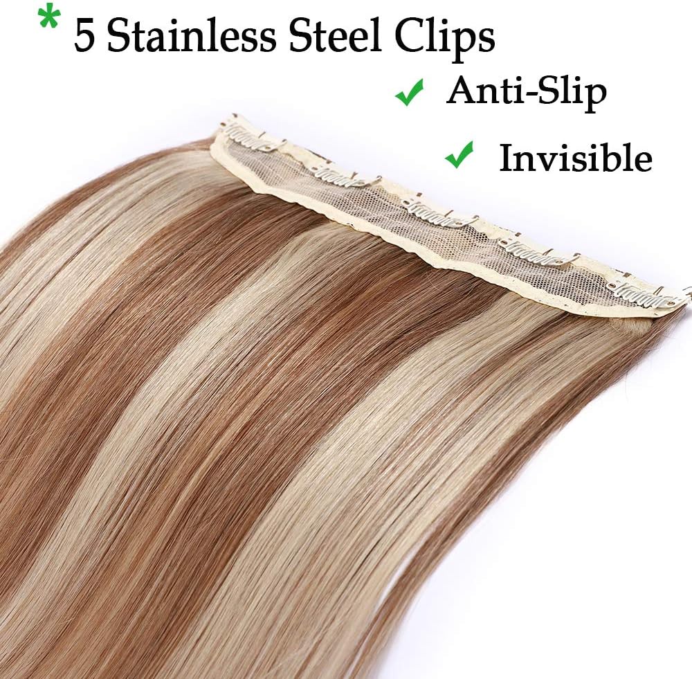 Silk-co One Piece Clip on Hair Extensions Seamless Clip in Hair Extension Human Hair Highlighted 3/4 Half Head Real Remy (22 inches-55 grams - Image 3