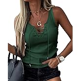 Womens Sexy V Neck Tank Shirts Top Sleeveless Casual Basic Drawstring Rib Knit Tops