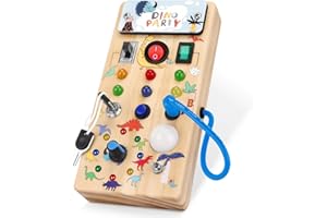 Dinosaur Busy Board with 8 LED Light Switches, Toddler Montessori Busy Board with Light Switch, Sensory Travel Toys, Montesso