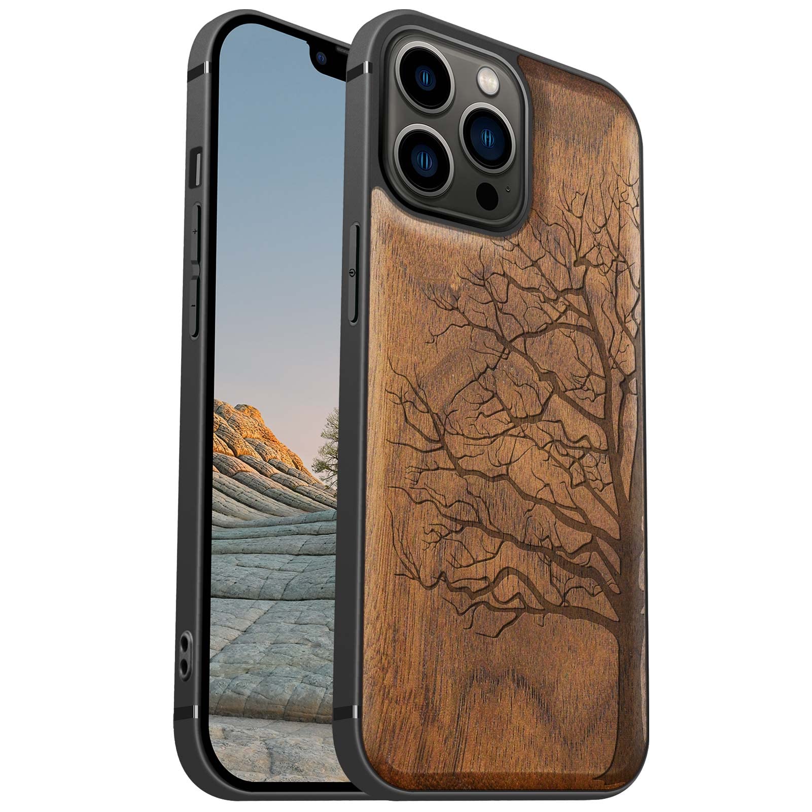 Carveit Magnetic Wood Case for iPhone 13 Pro Max Case [Hard Real Wood & Soft TPU] Shockproof Hybrid Protective Cover Unique & Classy Wooden Case Compatible with MagSafe (Eternal Tree-Walnut)
