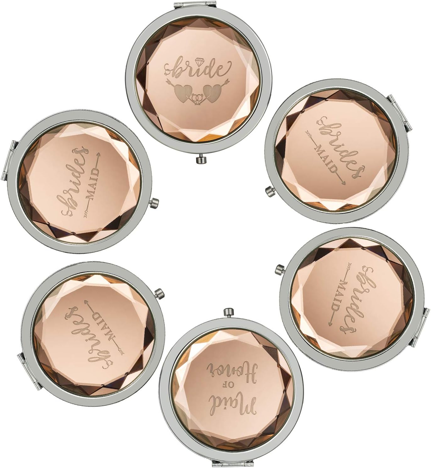 Compact Mirrors,Wedding Gifts for Bride,1 Bride Makeup Mirror 1 Maid of Honor 4 Bridesmaid Makeup Mirrors and 6 Gift Bags for Bachelorette Party Gifts for Bride(Champagne,Set of 6)