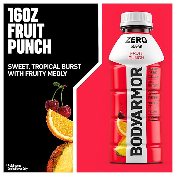 BODYARMOR ZERO SUGAR FRUIT PUNCH, SUGAR FREE SPORTS DRINK – LOW-CALORIE HYDRATION – NATURAL FLAVORS WITH POTASSIUM PACKED ELECTROLYTES, ANTIOXIDANTS, AND B-VITAMINS, 16 FL OZ (PACK OF 12)
