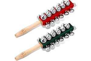 Cindeer 2 Pcs Christmas Hand Jingle Bells Wooden Handhold Sleigh Stick Jingle Shaker Rattle Musical Percussion Instrument for Christmas Party Favors Birthday Gifts Toys(25 Bells)