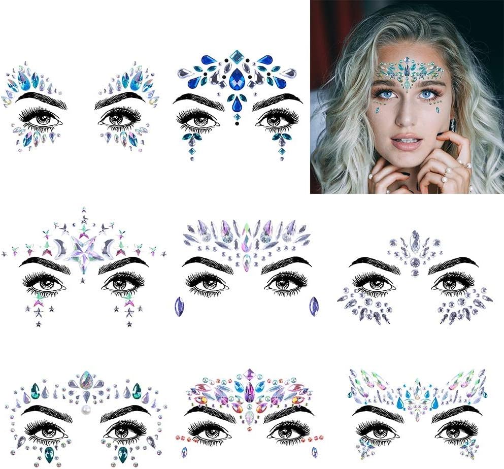 8 Sets Face Jewels Glitter, Temporary Tattoo for Women, Rhinestone Mermaid Face Jewels, Crystals Face Stickers Jewels for Rave Festival Easter Dress-up of ZLXIN