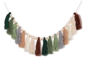 XMGZQ Green Tassel Garland with Wood Bead Jungle Leaves Garland Banner for Spring Party Nursery Kids Bedroom Room Wall Classroom Birthday Baby Wall Decor for Dorm, Girls Room and Nursery Room - Olive Green