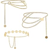 Qoncosy 3 Pcs Gold Chain Belt for Women, Adjustable Waist Chain with Clover Butterfly Disc Pendants, Body Jewelry, Boho Belts for Women, Summer Beach Party