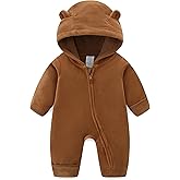 JingleBaBa Newborn Baby Bear Onesie Winter Snowsuit With Fold-over Mittens & Footies Zip Up Baby Fleece Jumpsuit 0-18M