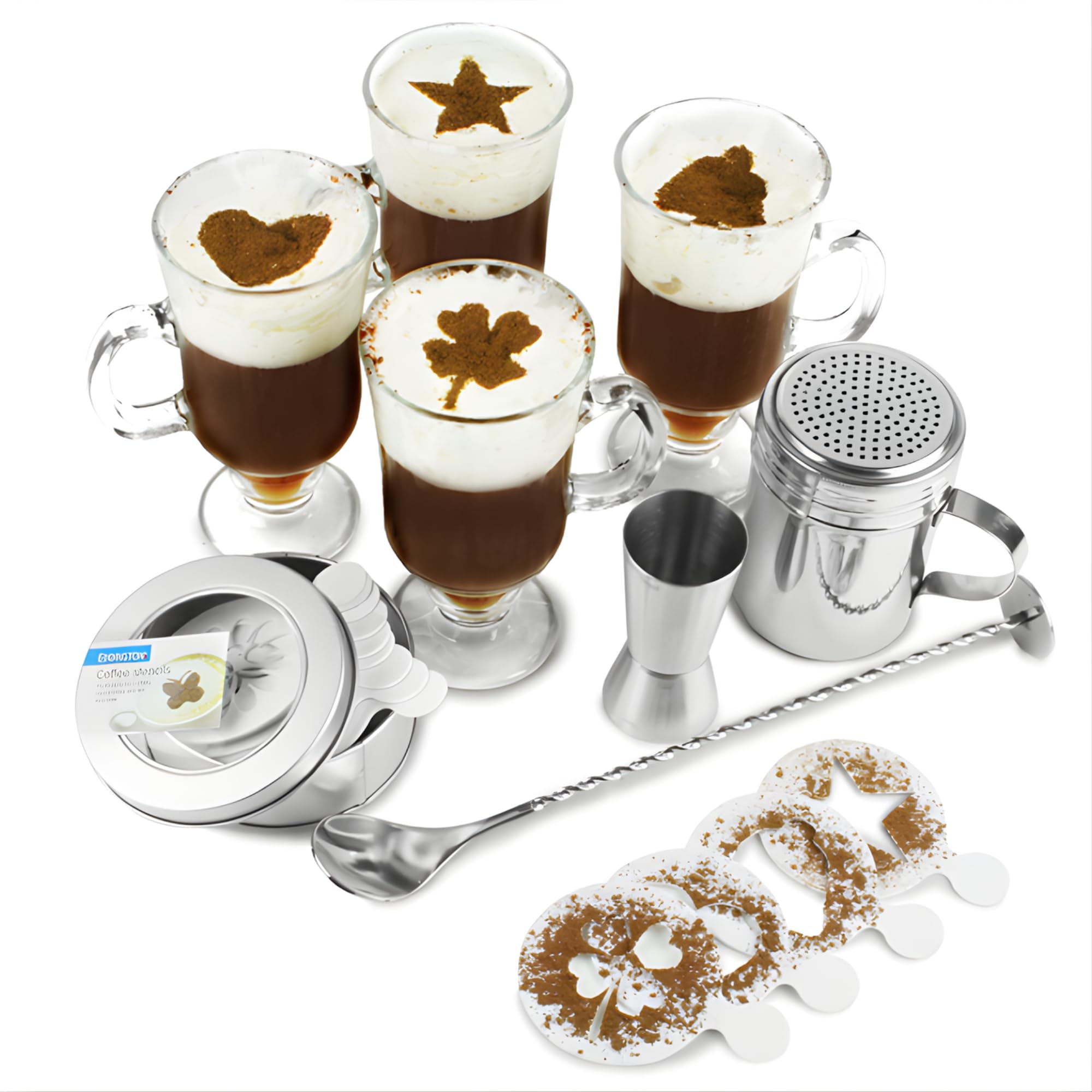 bar@drinkstuff Irish Coffee Serving Set with 4 x Irish Coffee Glasses, 16 x Coffee Stencils, Jigger Measure, Mixing Spoon & Screw Top Shaker