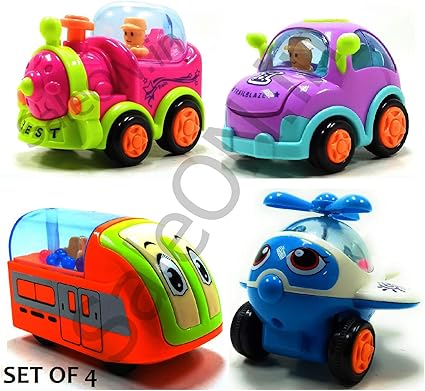 SaleOn Set of 4 Transparent Design Unbreakable Friction Powered Automobile Car Helicopter Plane Train Toys for Kids (Assorted Colors) - 1180