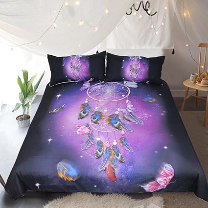 Huli 3 Pcs Dreamcatcher Galaxy Bedding Dream Catcher Owl Bed Set Colorful Deep Space Duvet Cover Purple Universal Bed Covers Twin