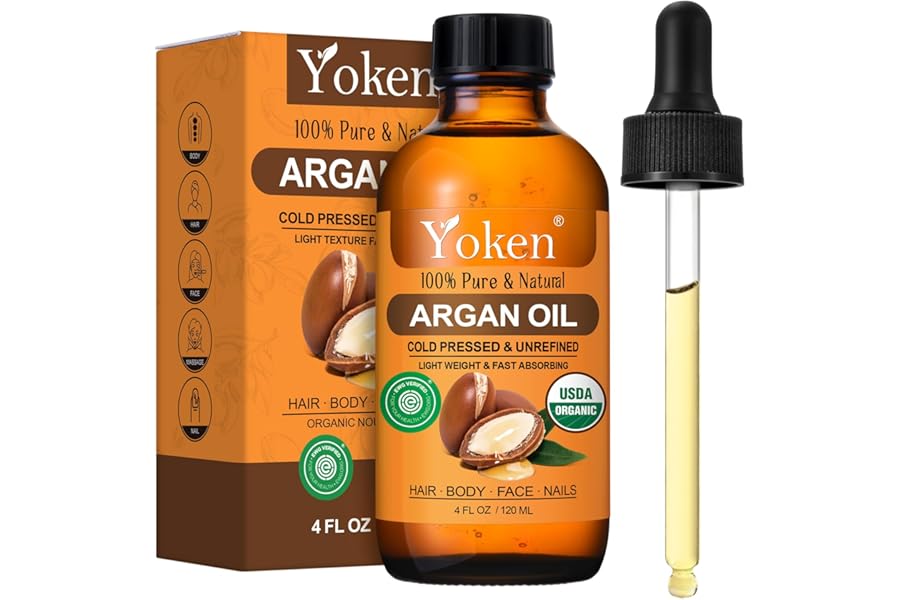 Yoken Organic Argan Oil for Hair 4 Fl Oz, USDA Pure and Natural Morocco Argan Oil, Argon Oil For Hair, Scalp, Face & Skin Care, 100% Cold Pressed Hair Conditioner, Unrefined Argon Nails Carrier Oil