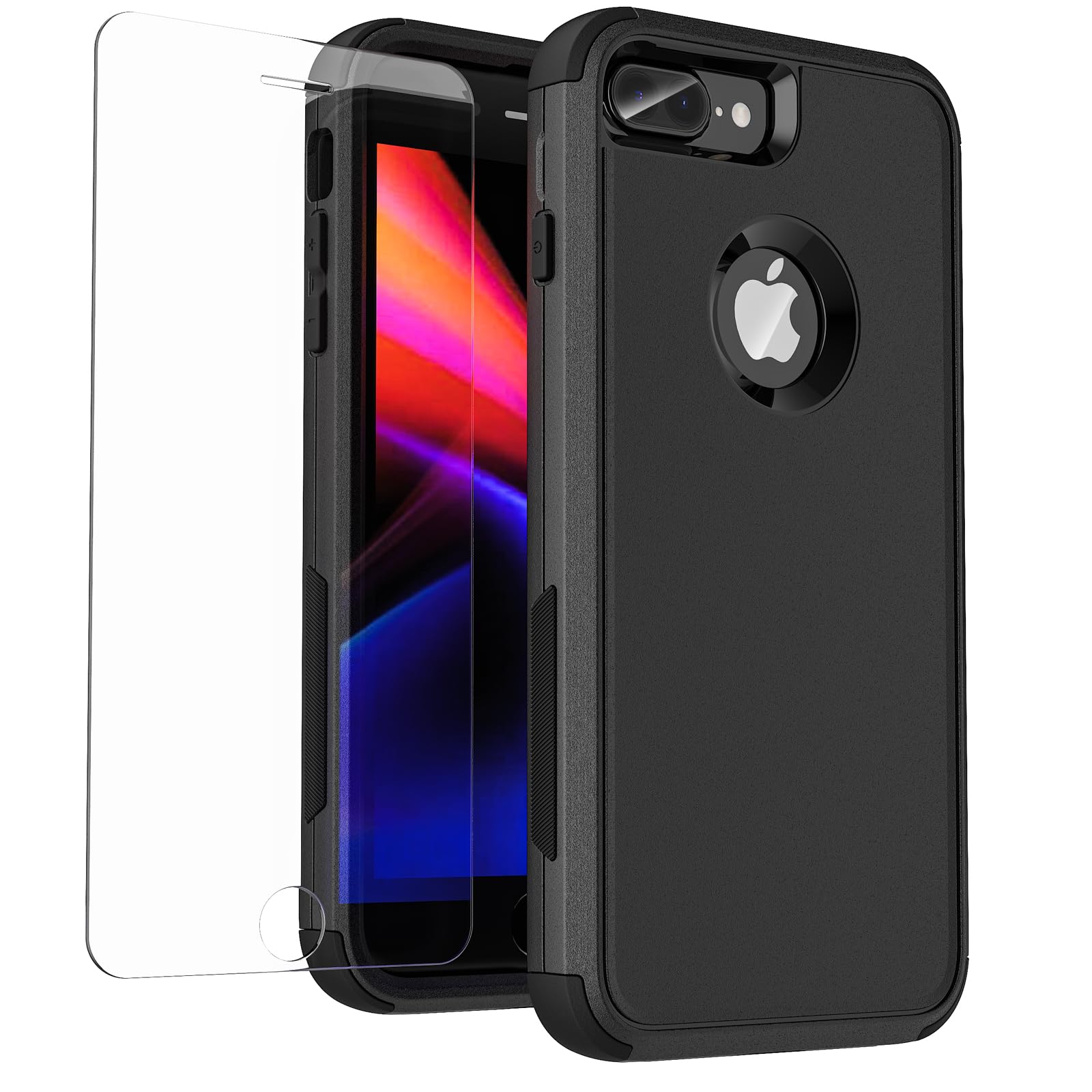 for iPhone 7 Plus/ 8 Plus Case with Tempered Glass Screen Protector 3 in 1 Shockproof Hybrid Heavy Duty Protection Hard PC Cover Soft Silicone Bumper Cover Case for iPhone 8+/7+ 5.5 inch (Black)