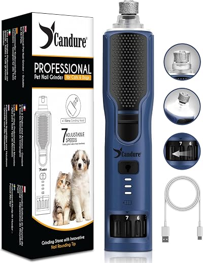 Candure 7-Speed Dog Nail Grinder 360° LED Light Rechargeable Cordless