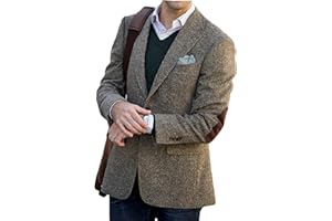 VENNYNG Brown Men's Tweed Blazer Suit Jacket with Elbow Patches Single Breasted Male Short Vintage Trench Coat