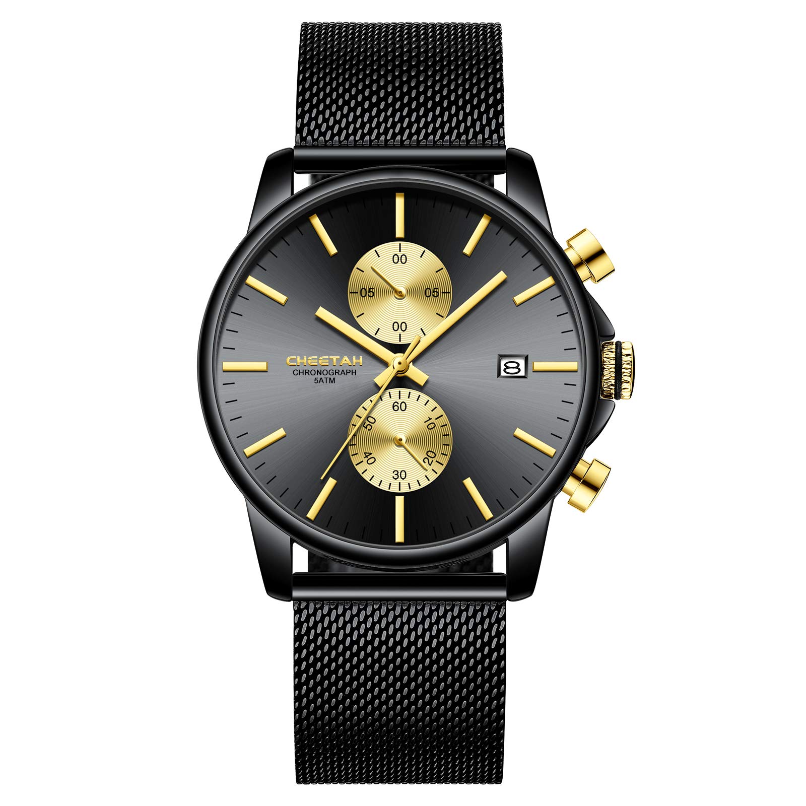 Men's Watches Fashion Sport Quartz Analog Black Mesh Stainless Steel Waterproof Chronograph Wrist Watch, Auto Date in Glod Hands (Black Gold)