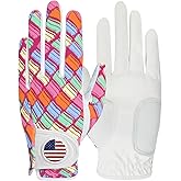 Amy Sport Womens Golf Glove with Ball Marker Rain Left Right Hand Leather Printed Pack, Ladies Golf Gloves All Weather Grip Breathable Soft Size Small Medium Large XL