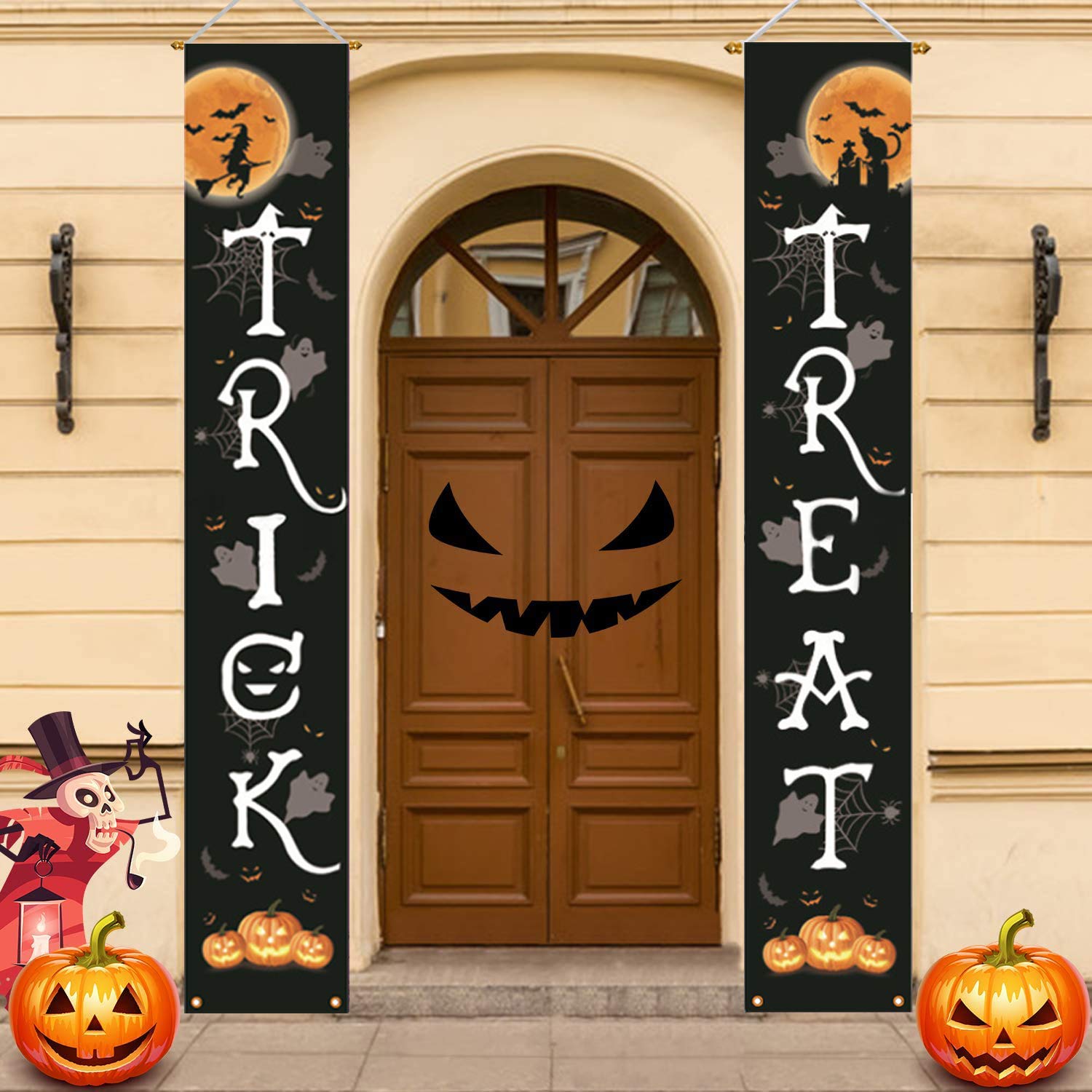 LONTG Halloween Banners Trick Or Treat Hanging Sign Halloween Party Hanging Decoration Indoor Outdoor Halloween Party Decor for Gate Porch Front Door Garden Curtain Easy To Hang Anywhere