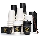 JOLLY CHEF 100 Pack 12 oz Disposable Coffee Cups Hot Beverage Paper Coffee Cups with Lids, Sleeves and Stirrers (Black and White)