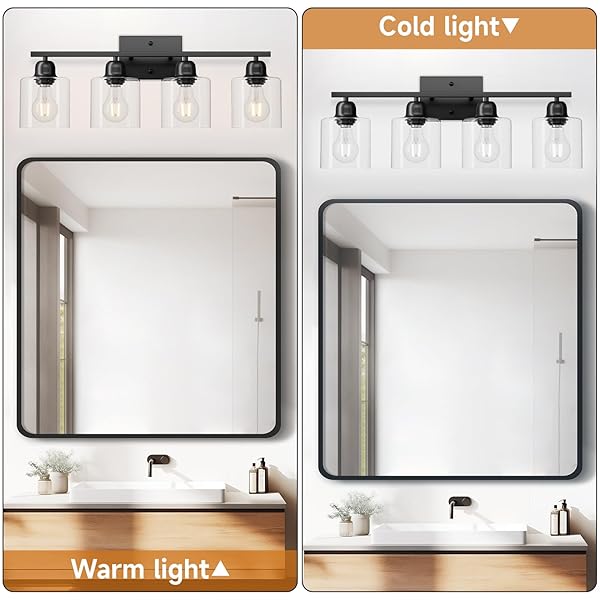 FAISHILAN MODERN 4 LIGHT BATHROOM LIGHT FIXTURES, 24 INCH BLACK VANITY LIGHTS FOR BATHROOM WITH CLEAR GLASS, BATHROOM VANITY LIGHT FOR MIRROR KITCHEN LIVING ROOM HALLWAY CABINET PORCH
