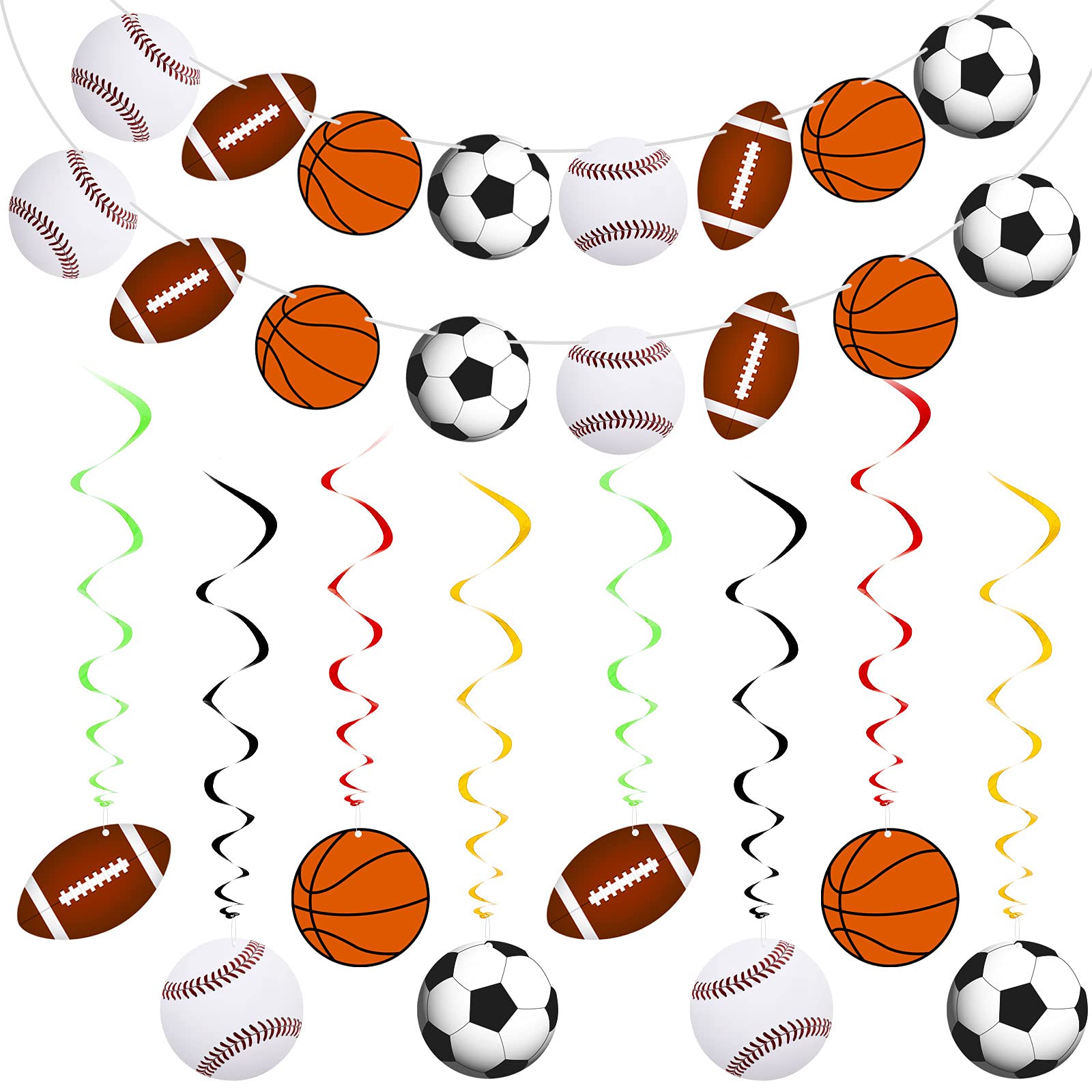 Photo 1 of 18 Pieces Sports Party Decorations Sports Themed Birthday Party Supplies 2 Banner 16 Hanging Swirl Basketball Football Soccer Baseball Paper Bunting Garland