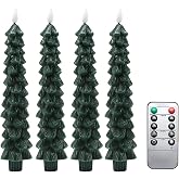 Fo32won Christmas Tree Shaped Flameless Candlesticks Battery Operated with Remote and Timer, Set of 4 Real Wax LED Taper Candles with 3D Flickering Wick for Christmas Decoration Gift
