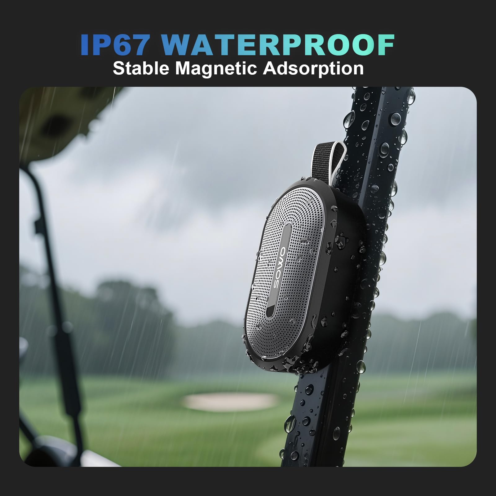SOWO Wireless Portable Small Speaker, Ultra Magnetic Bluetooth Speaker for Golf Cart, Coverless IP67 Waterproof, 24 H Playtime, Pro Sound, Clip Hanging Design for Outdoor, Indoor - Black