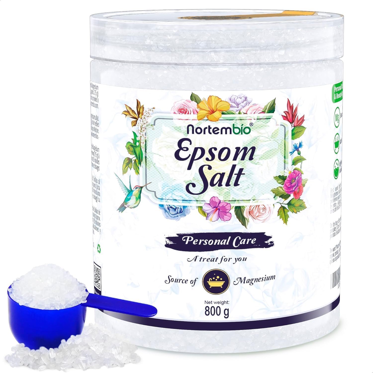 Nortembio 100% Pure Epsom Salt 800 g – Concentrated Source of Magnesium | for Sensitive Skin | with Hydrating Vitamins C & E | No Additives, Natural External Use + Free E-Book