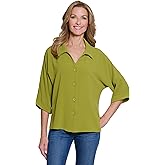 MULTIPLES Womens Clothing | Turn-Up Cuff Dolman Sleeve Y-Neck Button Front Shirt | Dressy & Casual Clothing for Women