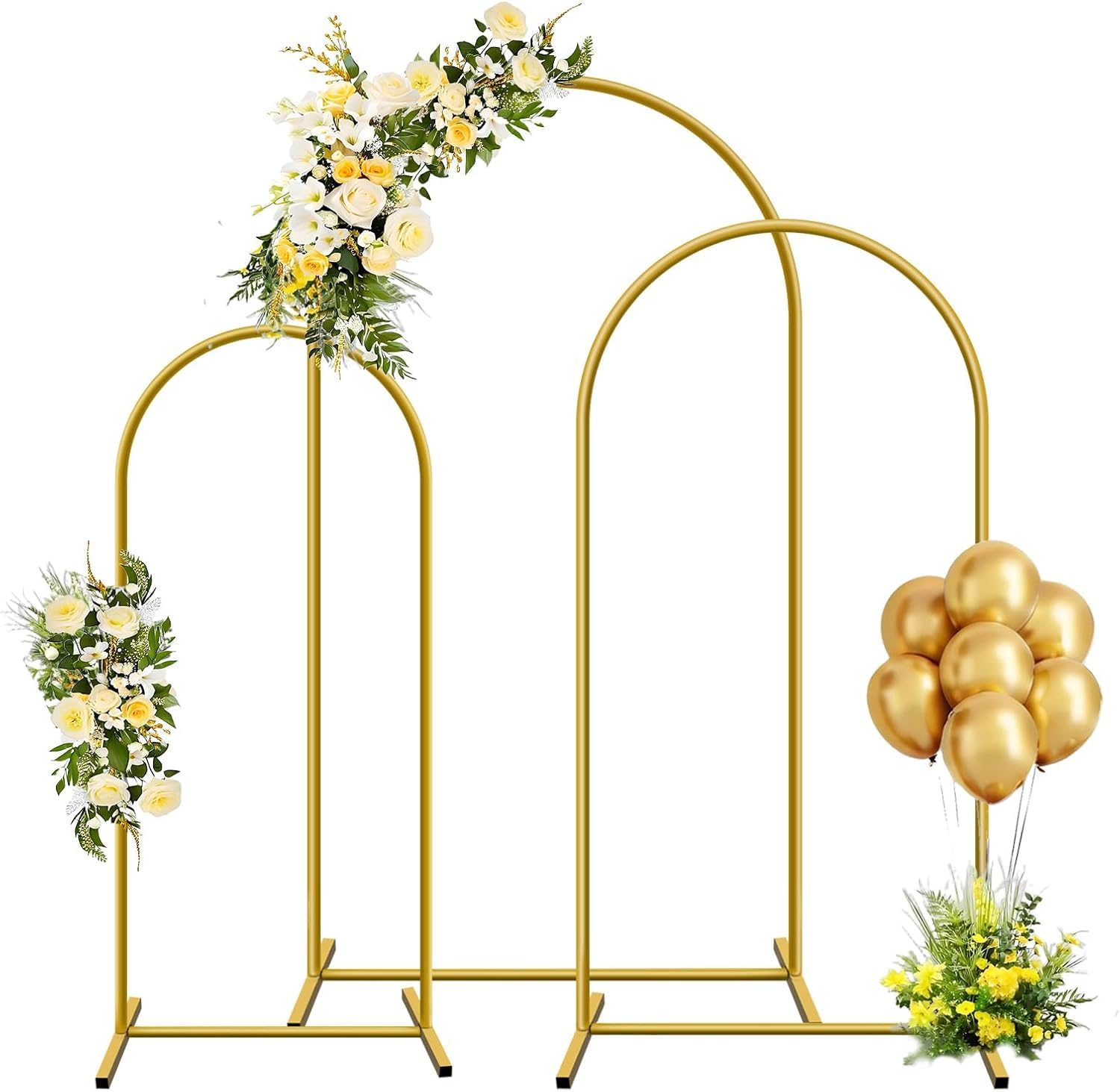Photo 1 of YAYOYA Metal Arch Backdrop Stand, Set of 3 (4ft / 5ft / 6ft) Gold Arch Backdrop with 12 Ground Nails, Stable Arched Background Stand for Wedding, Baby Shower, Birthday Party, Photography