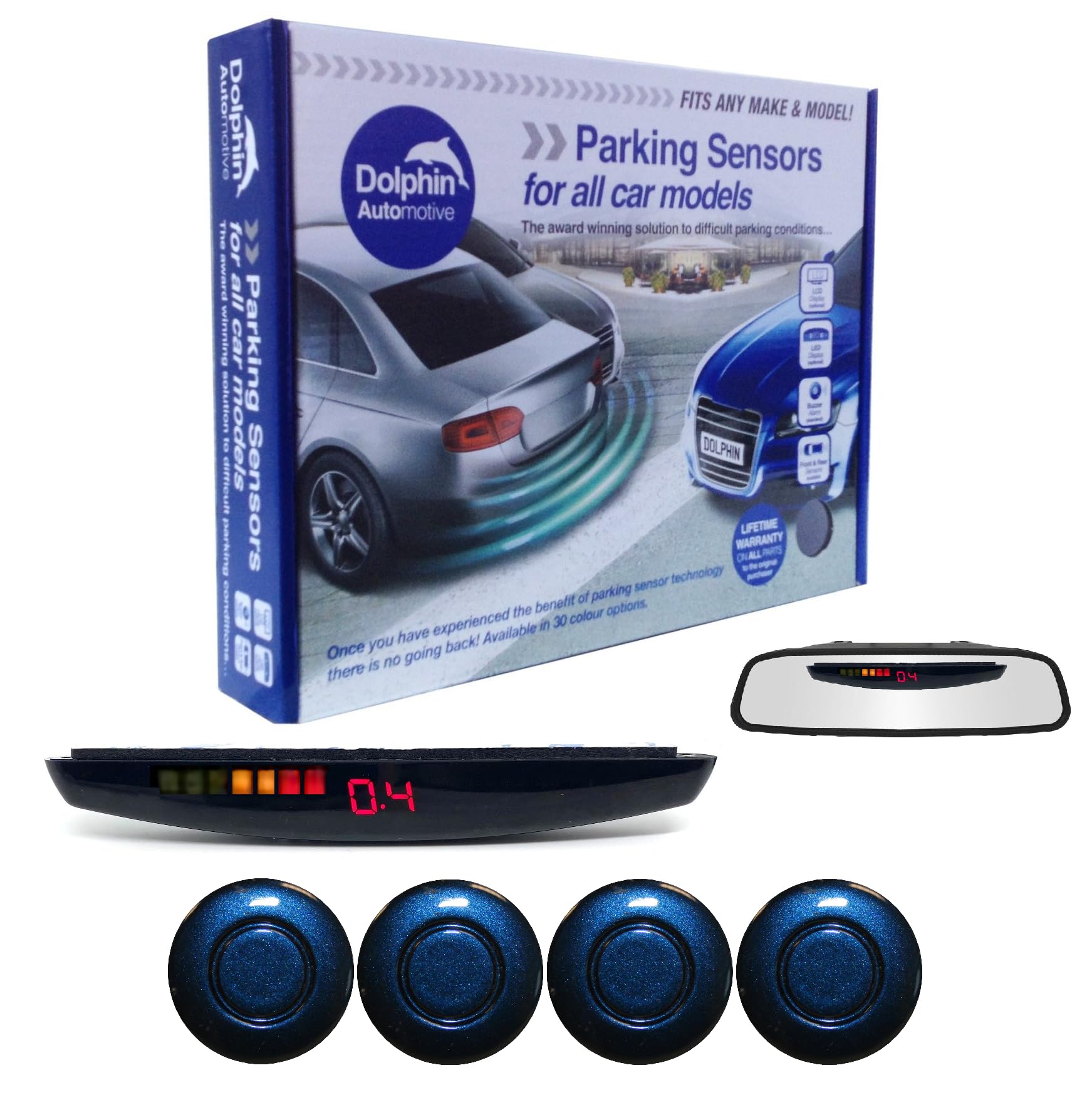 Dolphin DPS455 Reverse Parking Sensors In 32 Colours 4 Ultrasonic Radar Sensors Kit Audio & Rear Roof Mounted Display Alert System Matt & Gloss Black +30 More Colours (Sea Blue)