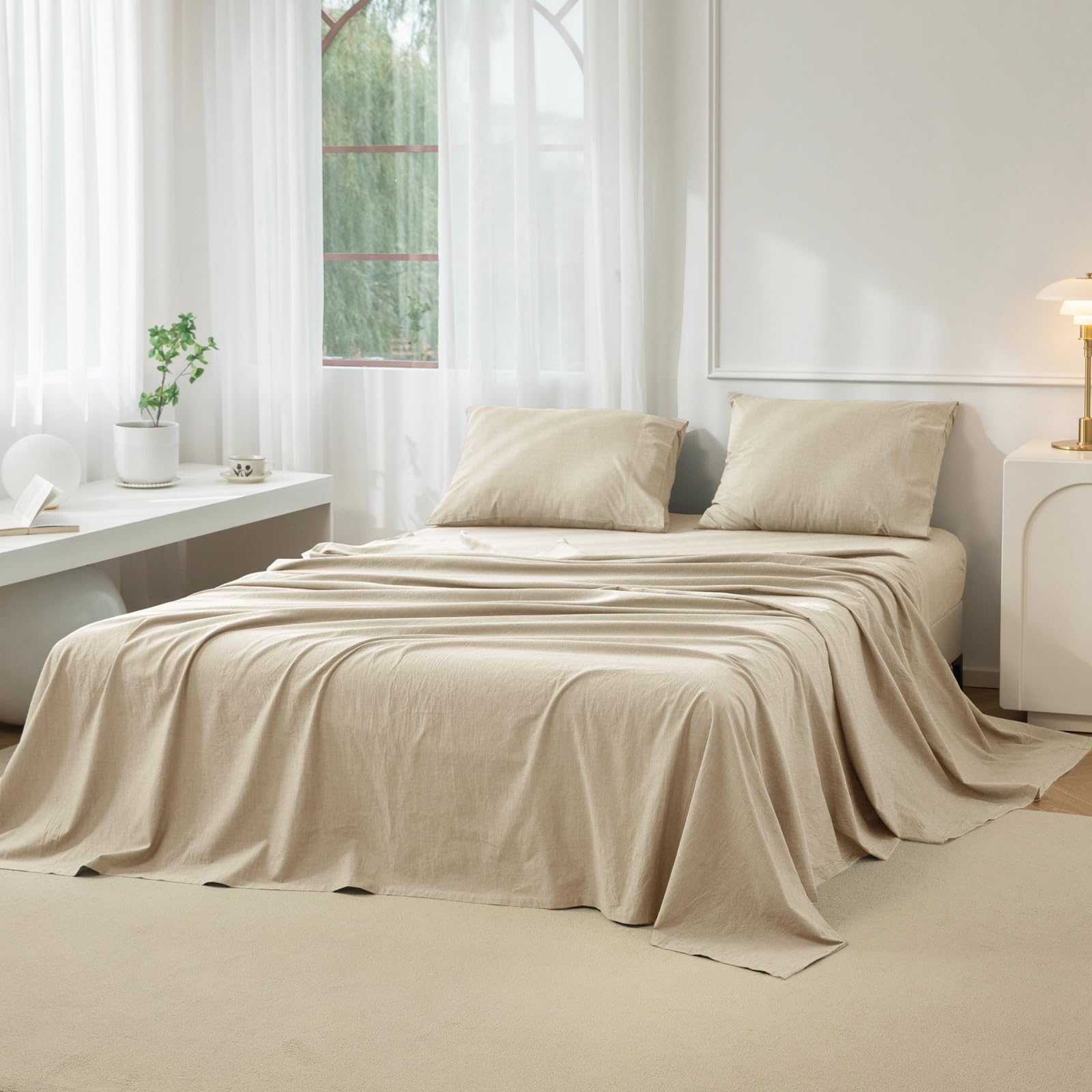 Photo 1 of JIYUAN 100% Washed Cotton Sheet Set 4 Pieces King,1 Fitted Sheet,1 Flat Sheet and 2 Pillowcases,Comfy and Breathable Linen Like Bedding Set,Heathered Tan