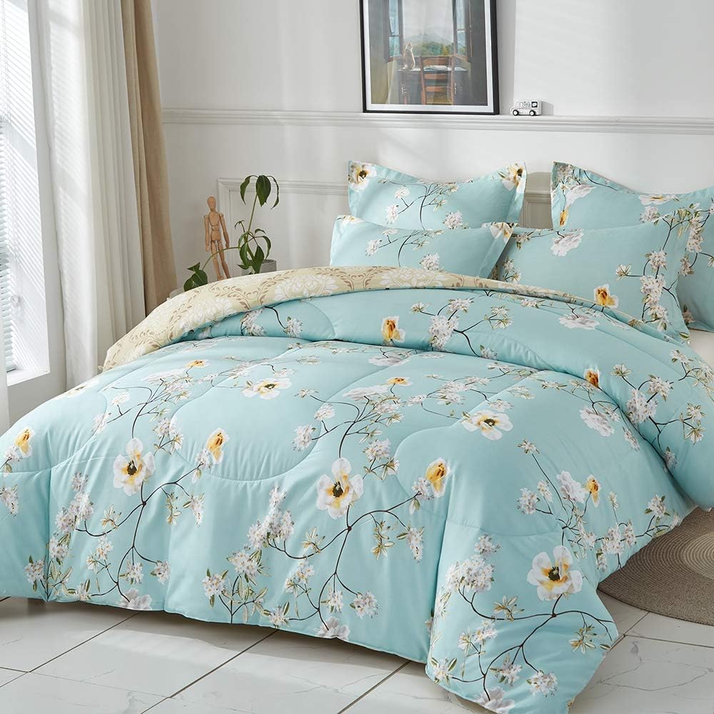 Joyreap 3pcs Floral Comforter Set, Soft Microfiber Comforter for All Season, Elegant White Flower Printed on Blue Reversible Design (King, 102x90 inches): Home & Kitchen