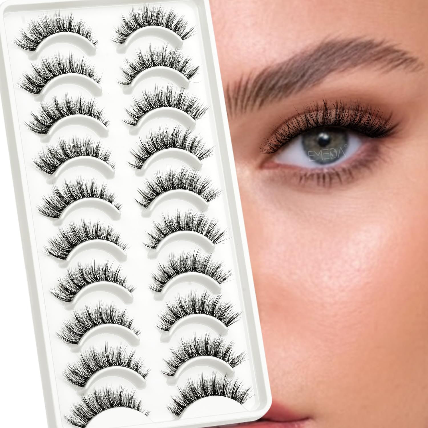 EMEDA 10 Pairs 3D Fake Lashes - Short, Soft, Reusable, Transparent Strip Lashes - Handmade, Natural Looking Eyelash