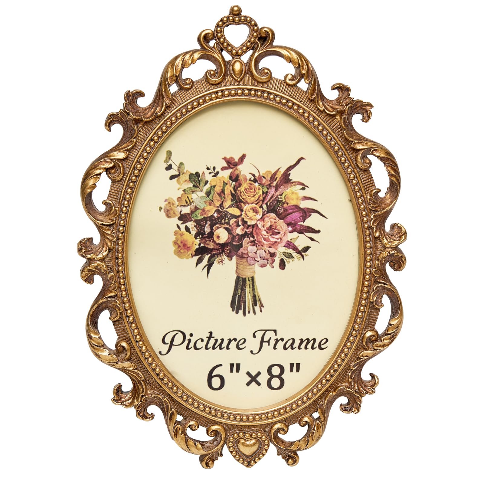 Photo 1 of JANDERART Vintage Oval Picture Frame 6x8 Inch, Antique Ornate Photo Frames with Glass Front, Scroll Design, Tabletop & Wall Hanging, Photo Display, Gift Ideas, Gold