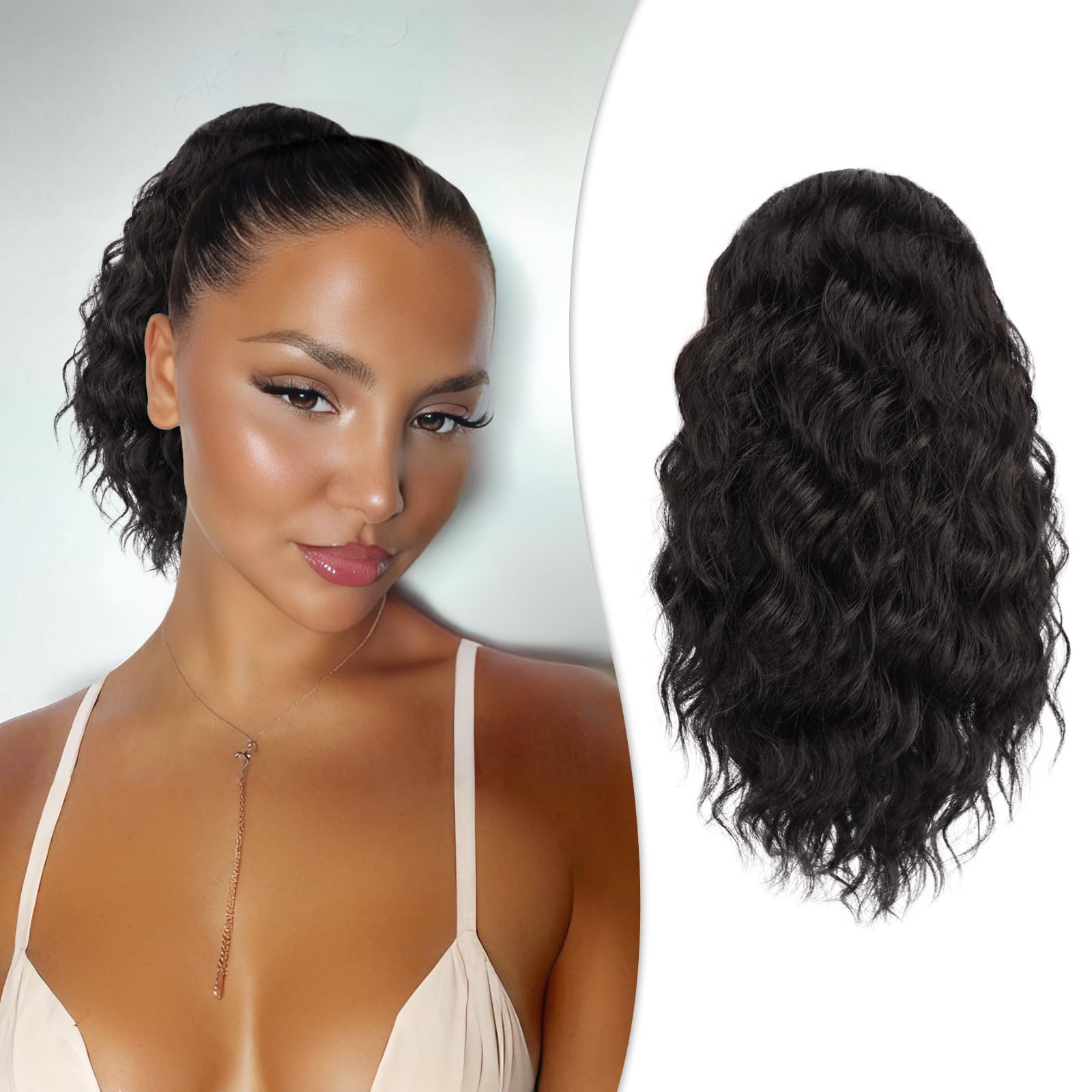 RUWISS Curly Drawstring Ponytail Extension for Black Women,12 inch Black Brown Afro Kinky Ponytail Synthetic Hairpiece for Daily Party Use — image 1