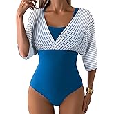 Aleumdr Women's One Piece Swimsuit Modest Tummy Control Bathing Suit V Neck Mesh Sleeve Slimming Swimwear Beachwear