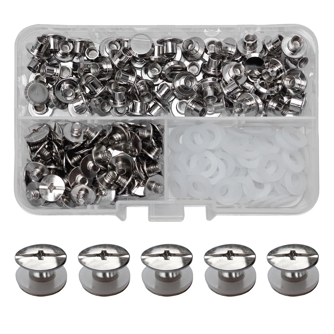 SHSMPXOY 90 Set Chicago Screws Posts for Leather Rivets M5*4mm Chicago Book Binding Screws Rivets Cross Head Chicago Button Screws for DIY Book Scrapbook Bookbinding, Bags,Collars(Silver)